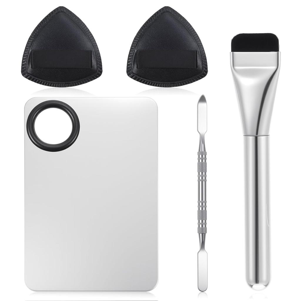 Stainless Steel Makeup Palette, Metal Mixing Tray with Foundation Brush, Spatula and Powder Puff Professional Reusable Beauty Tools for Facial