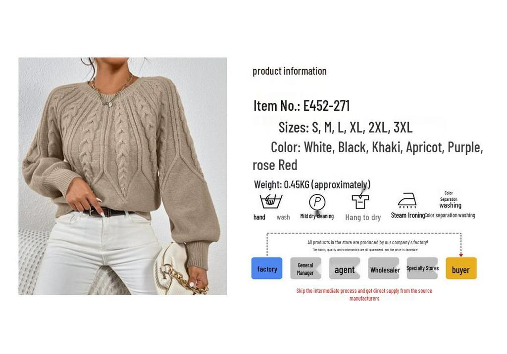 European Style Lantern Sleeve Cable Knit Sweater - Women's Round Neck Loose Pullover Knitwear (2026)