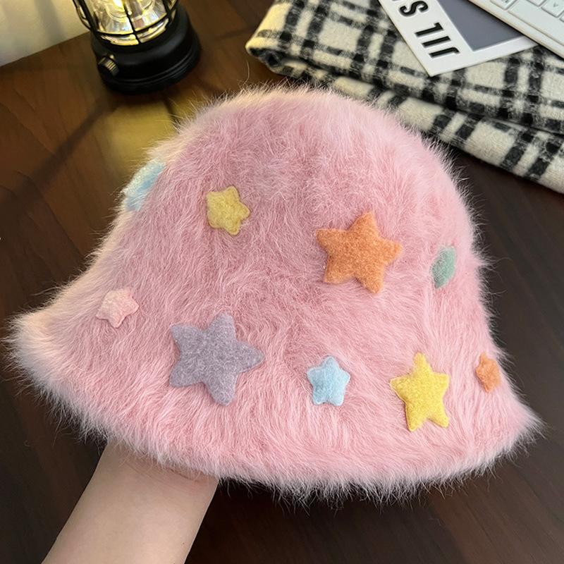 

Star rabbit fur bucket hat 2025 autumn and winter new thickened plush plain hat to cover the face and show the washbasin hat adjustable (55-60cm)