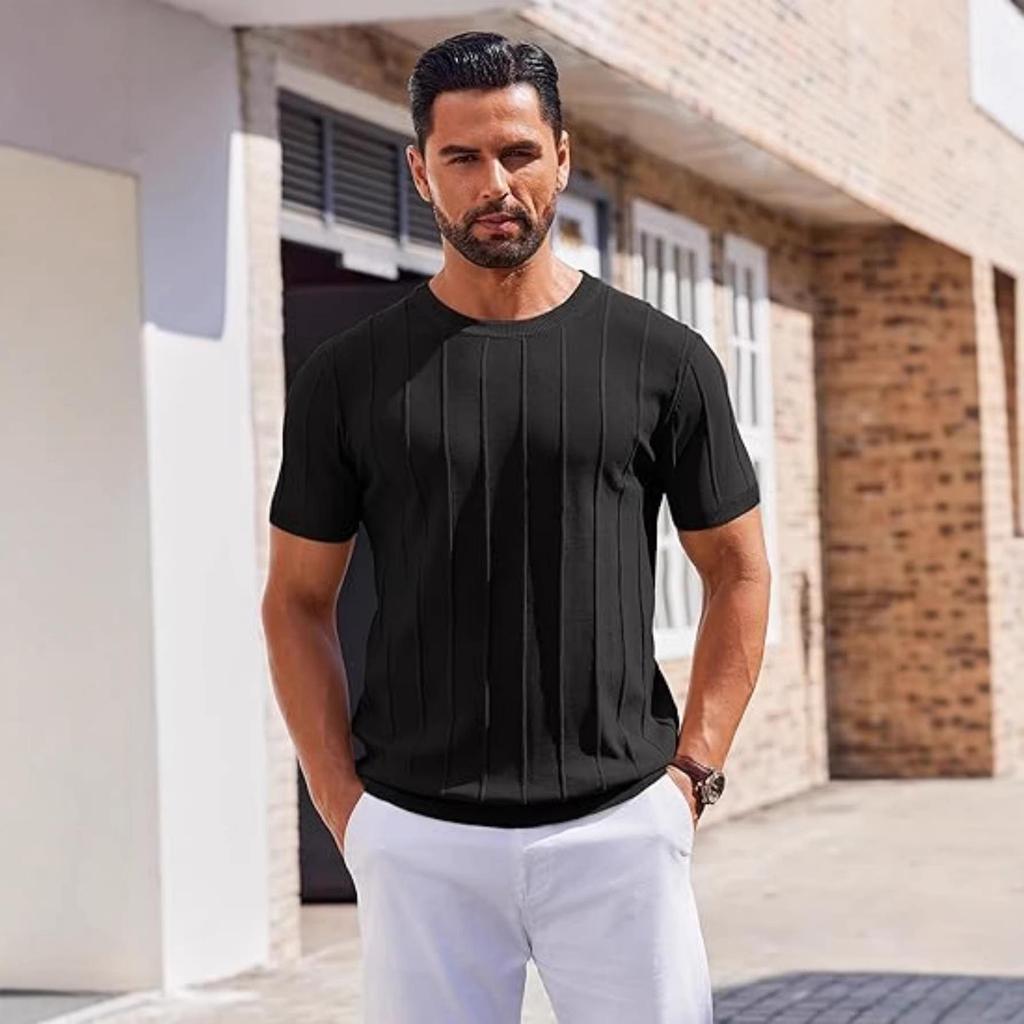 Nuova T-shirt Estiva a Maniche Corte a Righe Verticali in Maglia da Uomo Europea e Americana