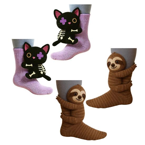 2 Pairs 3D Knit Animal Socks Hand Crocheted Animal Doll Socks Sloth Cute Warm Winter Socks for Men Women Animal Lovers Gifts