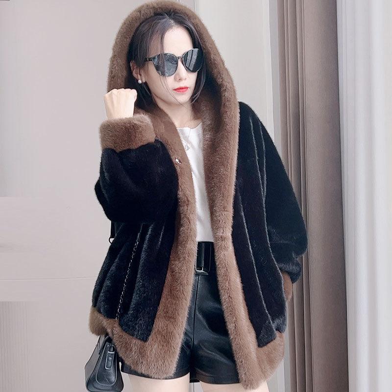 Kapuzenjacke aus kontrastfarbenem Nerz-Fleece-Pelzimitat für Damen mit integriertem, lockerem, dickem, warmem, langärmeligem Pelzmantel