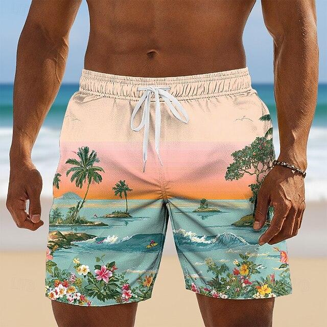 Men's Gradient Purple Palm Tree Print Beach Shorts Minimalist Tropical Graphic Quick Dry Swim Trunks Summer Swim Shorts