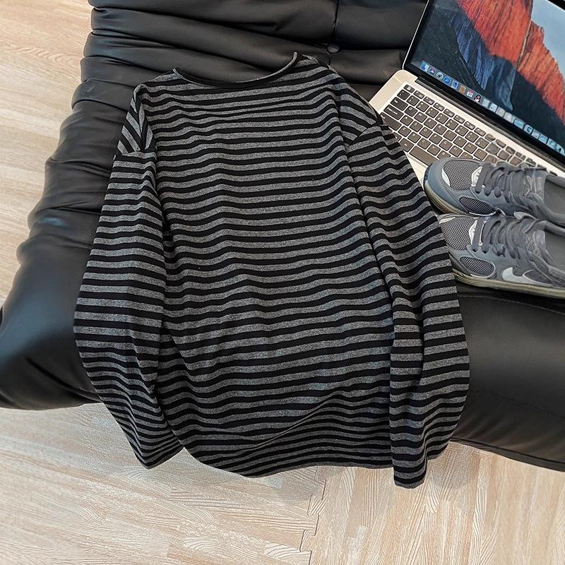 Damernas Oversized Svart och Grårandiga Långärmade T-shirt - Hösten 2025 Stil