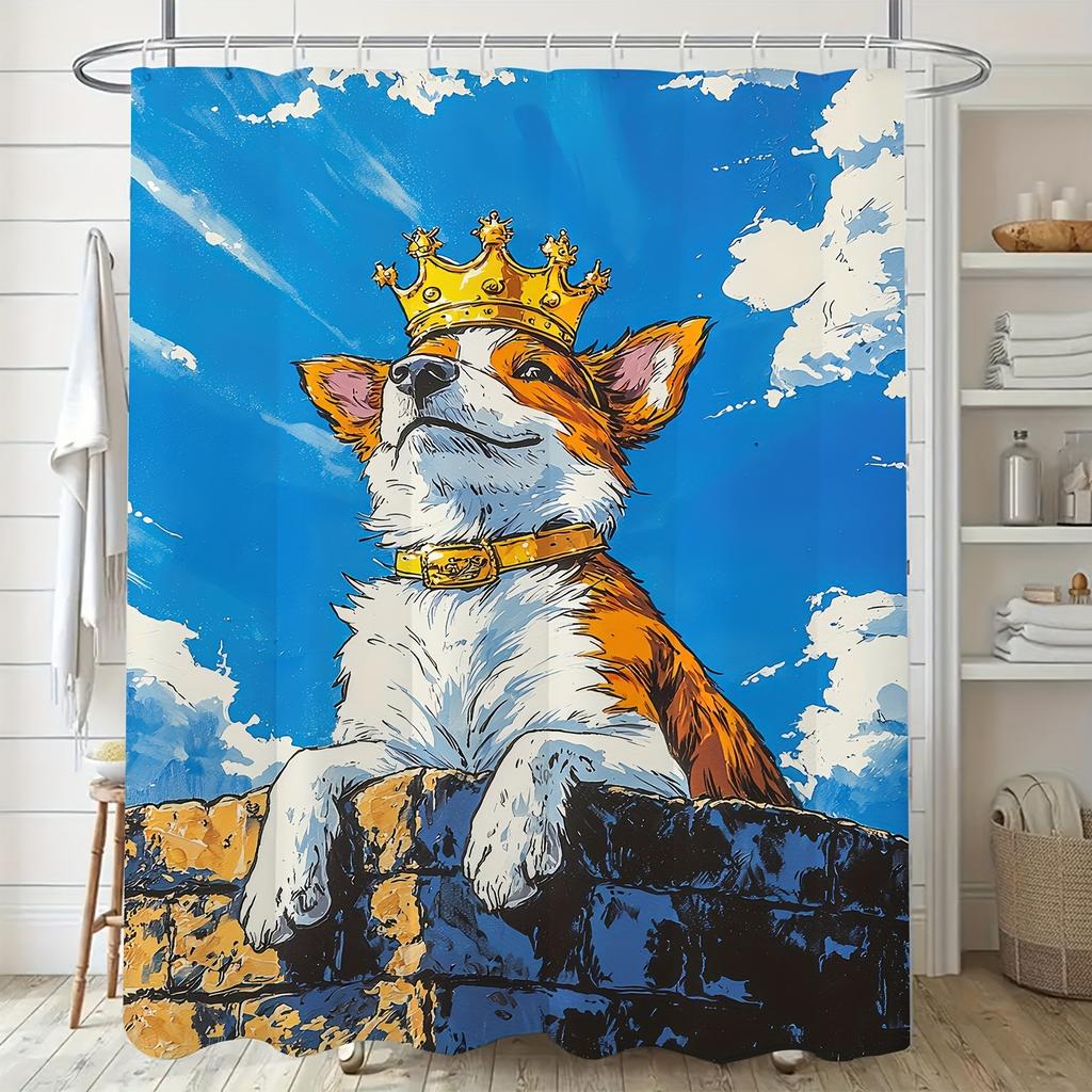 1pc Cute Cartoon Dog Shower Curtain with Crown Design – Polyester Bathroom Decor, Machine Washable, Blue Sky & Cloud Background