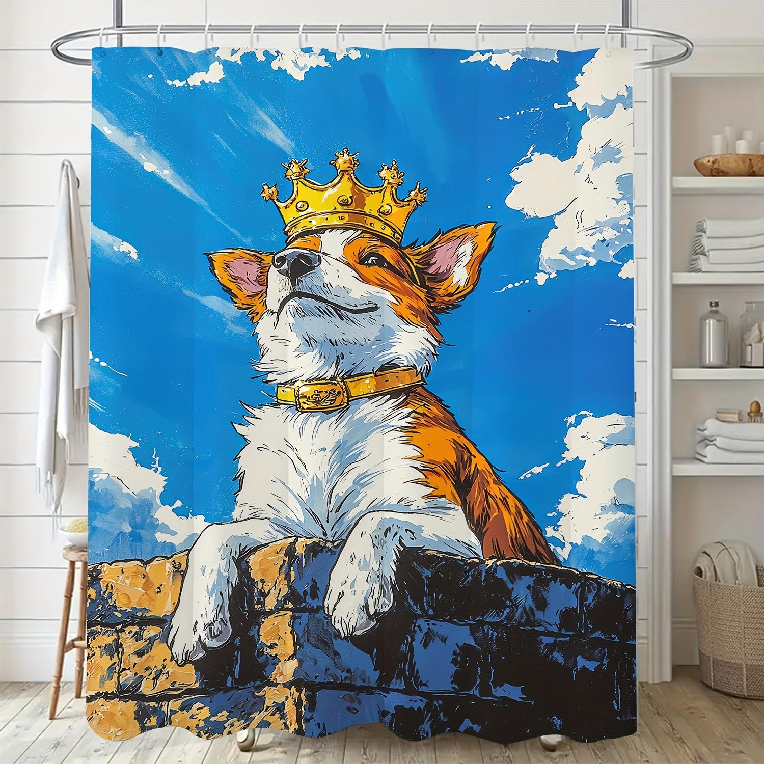 

1pc Cute Cartoon Dog Shower Curtain with Crown Design – Polyester Bathroom Decor, Machine Washable, Blue Sky & Cloud Background 90x180cm35x71in