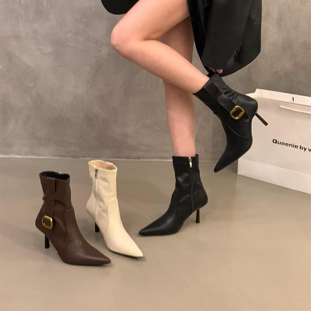 High heel pointed white thin boots short boots women's shoes 2025 new autumn and winter temperament brown French small ankle boots
