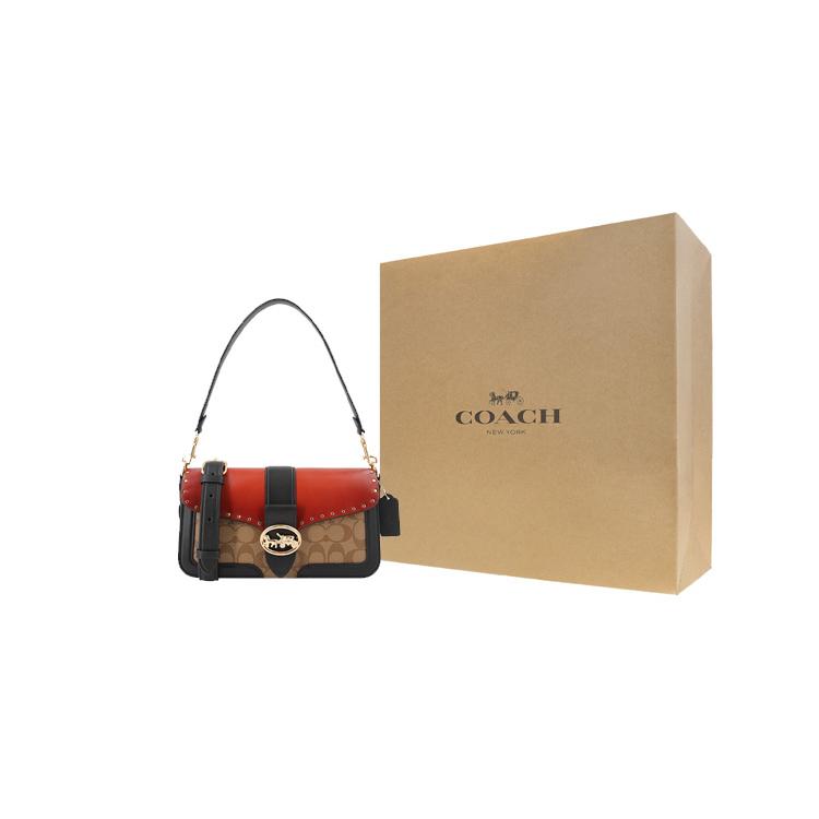 COACH Georgie Cow Leather God Of Wine Bag, Shoulder Bag, Portable Crossbody Bag Large Women's Red & Brown Monogram 5605-IMRL7
