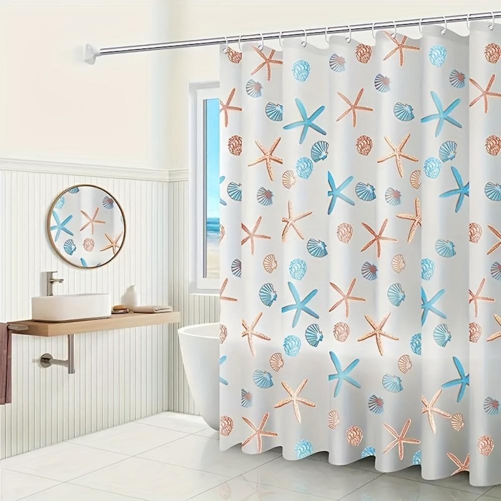 1Pc Starfish Print Semi-Transparent Shower Curtain With Plastic Hooks, 71*71Inches Lightweight Bathroom Curtain Bath Curtain
