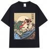 Japanese Style Kaiju Vs Cat Funny Meme Graphic Tshirts Men Women Fashion Vintage Manga T Shirts Oversized Cozy Cotton T Shirt