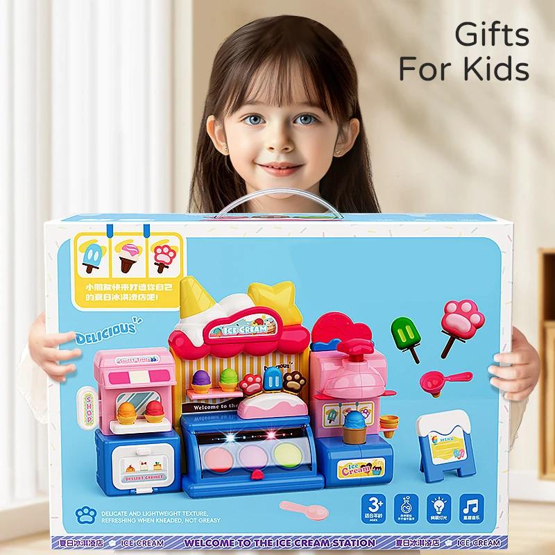 Children Ice Cream Toys for Girl Play Dough Color Machine With Music and Light Boy Food  Kids Supermarket