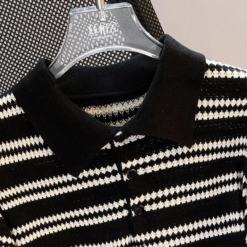 Women's Lapel Contrast Stripe Short Sleeve Knit Top