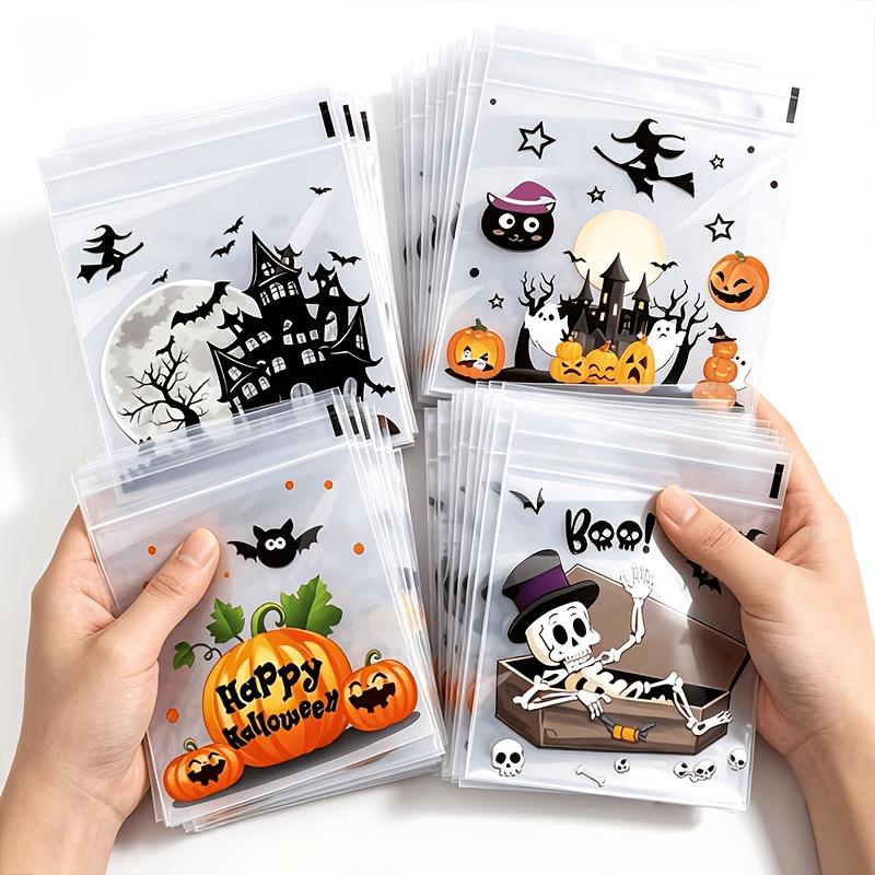 100pcs/pack Halloween Self-adhesive Plastic Gift Bags, Reusable Skeleton, Bat & Pumpkin Designs, Durable Bags for Party&Events