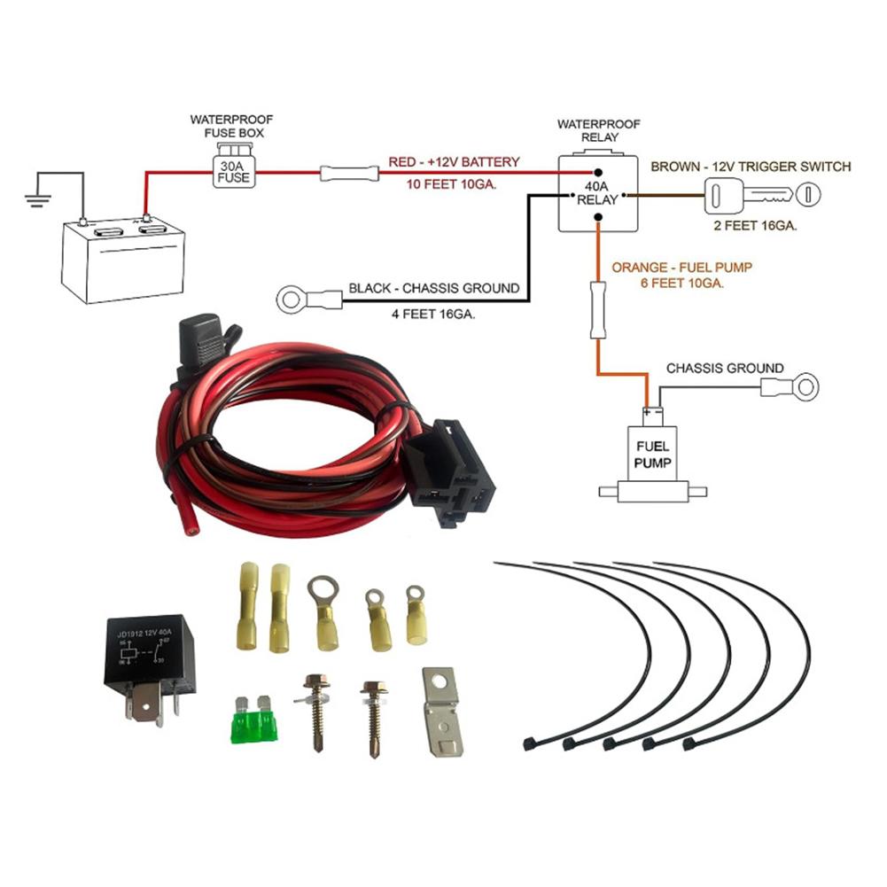 Electric Fuel Pump Relay Kit, Fuel Pump Wiring Harness Bypass, Fuel Pump Relay Replacement, 40-Amp Waterproof Relay