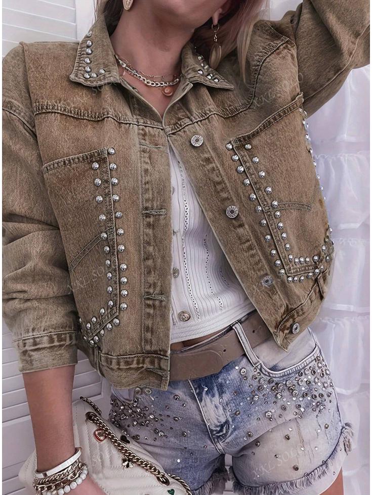 HME European Fashion Rivet Denim Jacket for Women - Street Style Outerwear