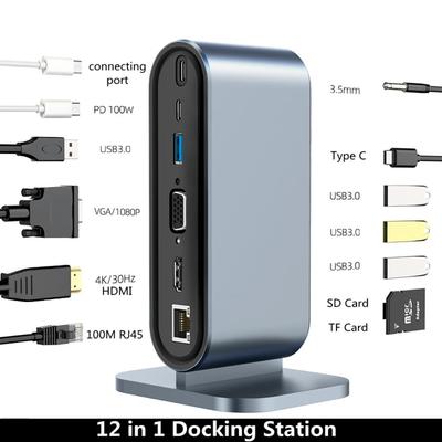 Stacja dokująca USB C 12 w 1 z 100 W PD USB-C 4K HDMI VGA USB 3.0 RJ45 Czytnik kart SD/TF Audio dla Windows Mac Xiaomi Laptop