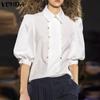 Women Casual Shirt Collar Puff Mid Sleeve Button Shirt