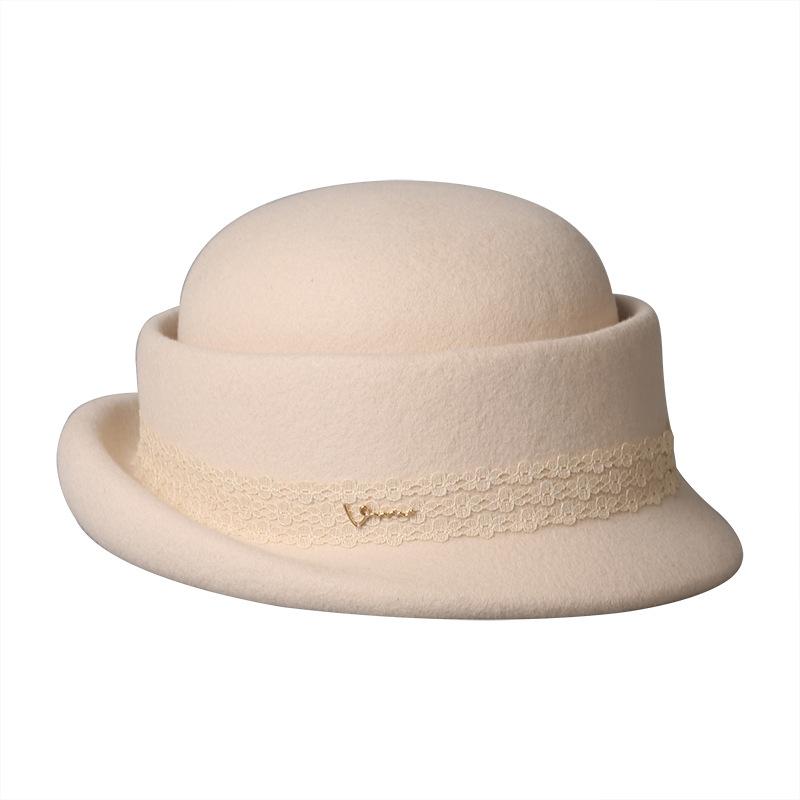 New autumn and winter lace wool basin hat women's French Hepburn style golden top hat bow bucket hat