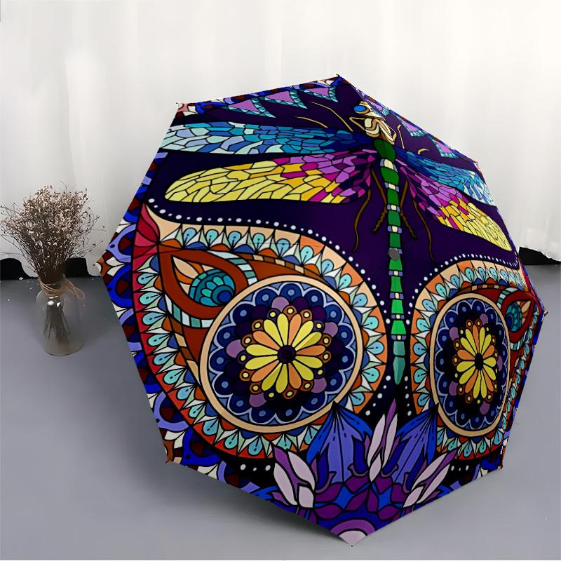 1pc Mandala Dragonfly Automatic Cute Umbrella 8-Bone Design Compact Gear for Outdoor Travel, Perfect Holiday Gift yy251230021