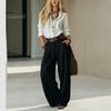 Long Sleeves Shirt Trousers Women Casual Two Piece Set for Fall, V Neck Collared Solid Color Suit & Wide Leg Pants, Loose Fit Autumn Outfits