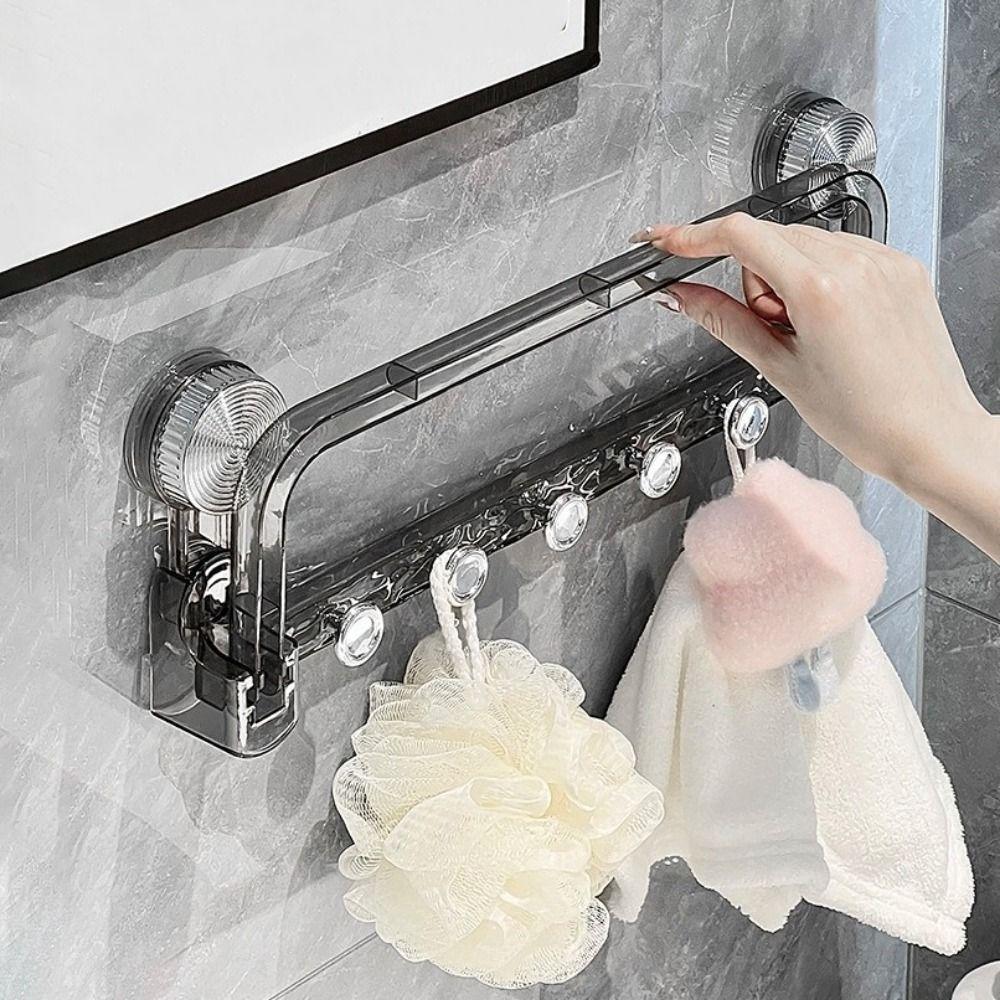 Practical Plastic Suction Cup Storage Rack Wall Mounted Foldable Towel Bar with Hooks Punch Free Towel Storage Rack Kitchen