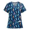 Women's Fashion Printed Short Sleeve V Neck Pattern Tops Pocket Working T-shirts
