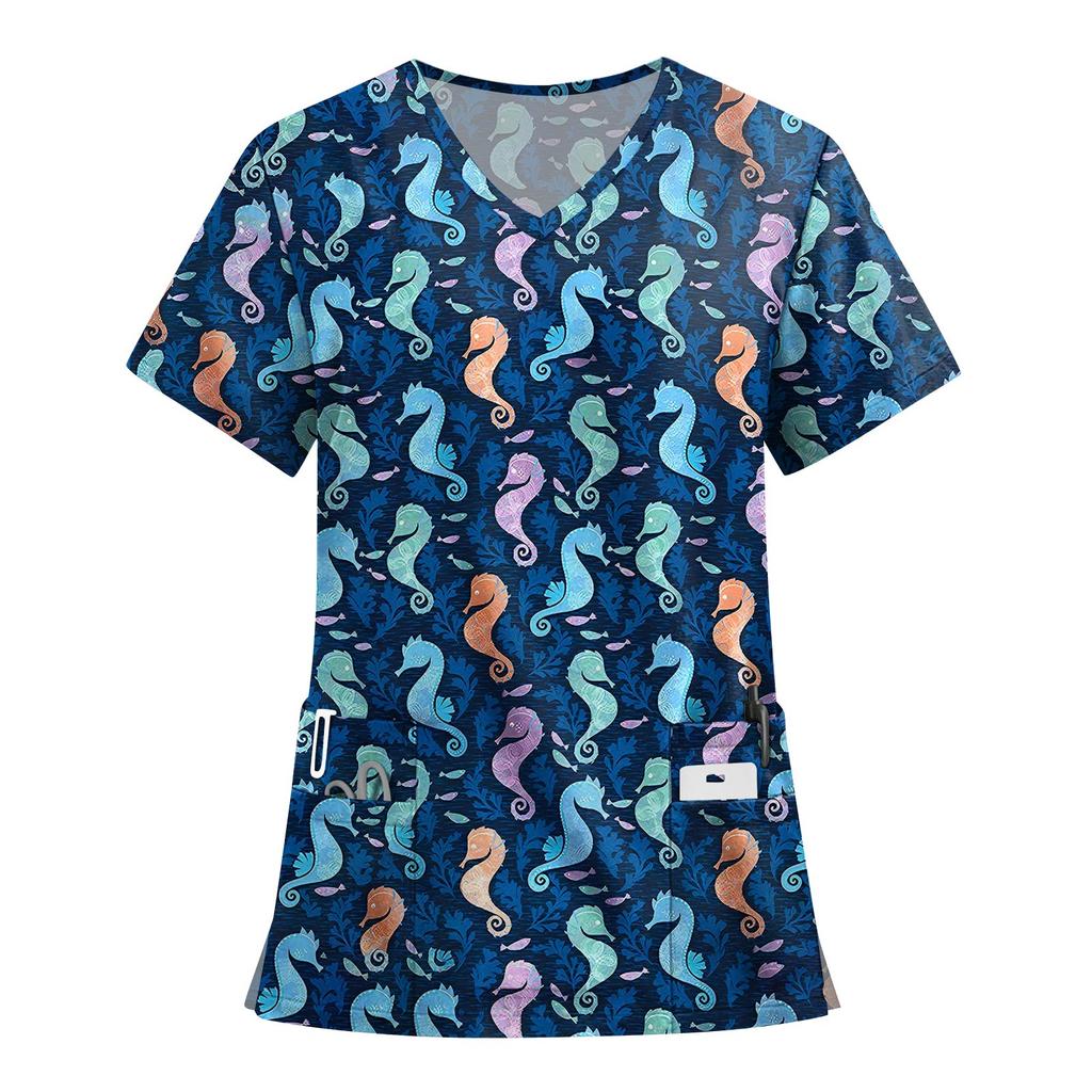 Women's Fashion Printed Short Sleeve V Neck Pattern Tops Pocket Working T-shirts