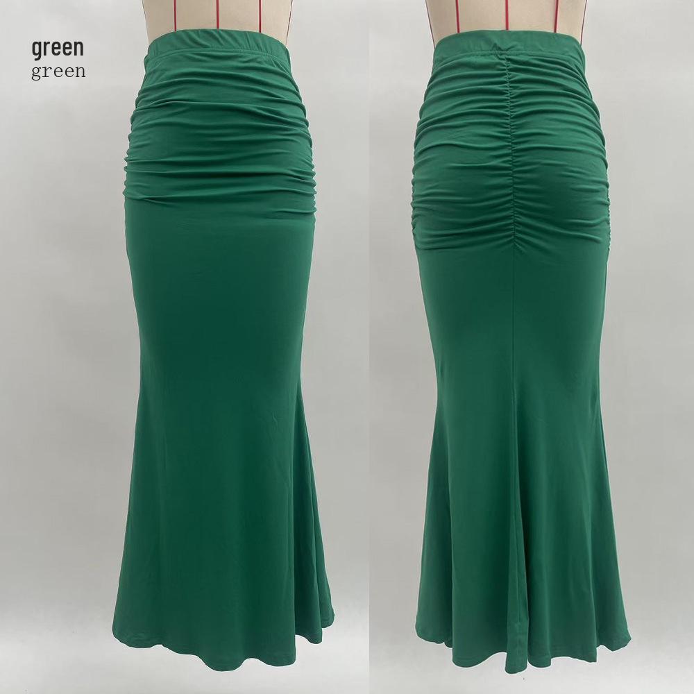 European and American High-Waisted Elastic Pleated Fishtail Midi Skirt for Autumn and Winter