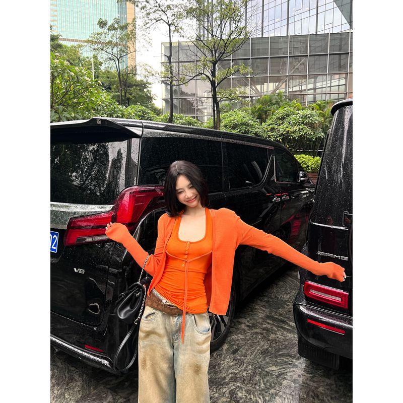 Kumikumi Fashion Suit Orange Single Breasted Halterneck Vest Women's Clothing Fall Sun Protection Knit Cardigan Two-piece Set