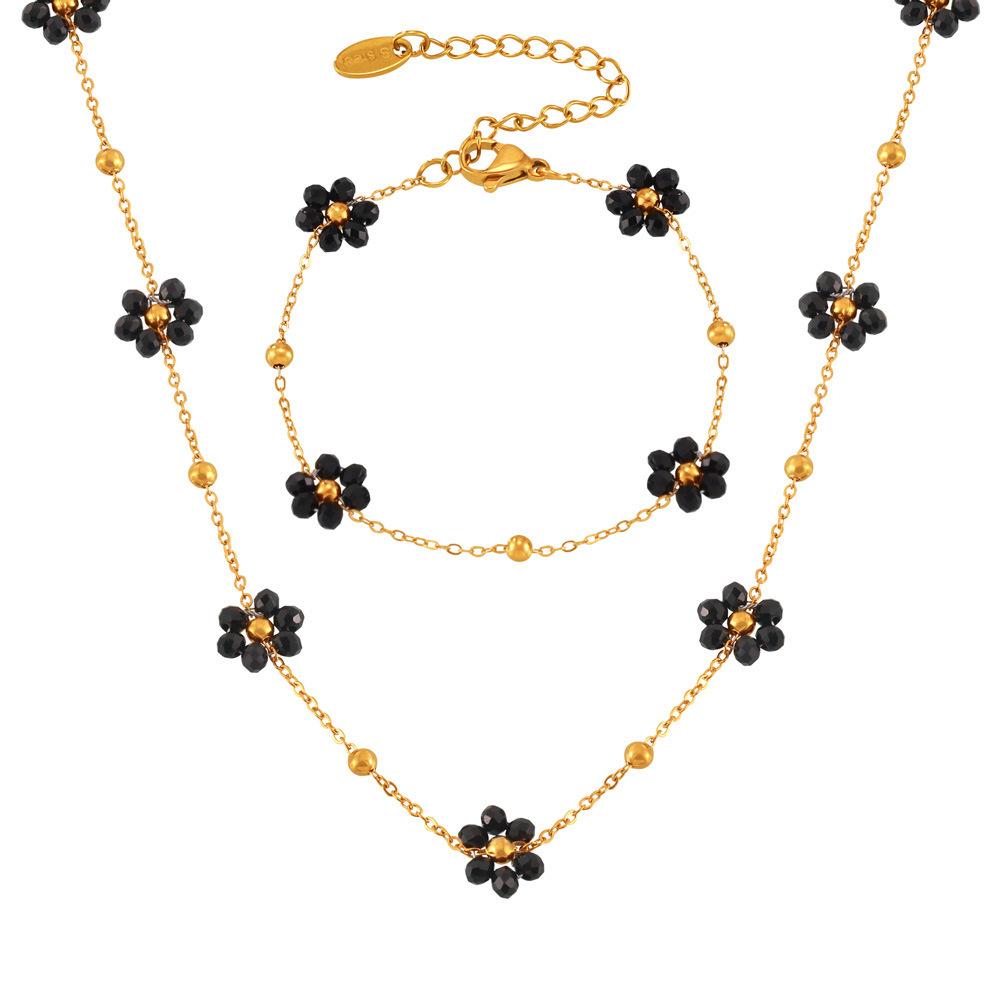 Black Flower Pendant Necklace Bracelet For Women Stainless Steel Gold Plated Women's Neck Chain Necklaces Bracelets Jewelry Sets