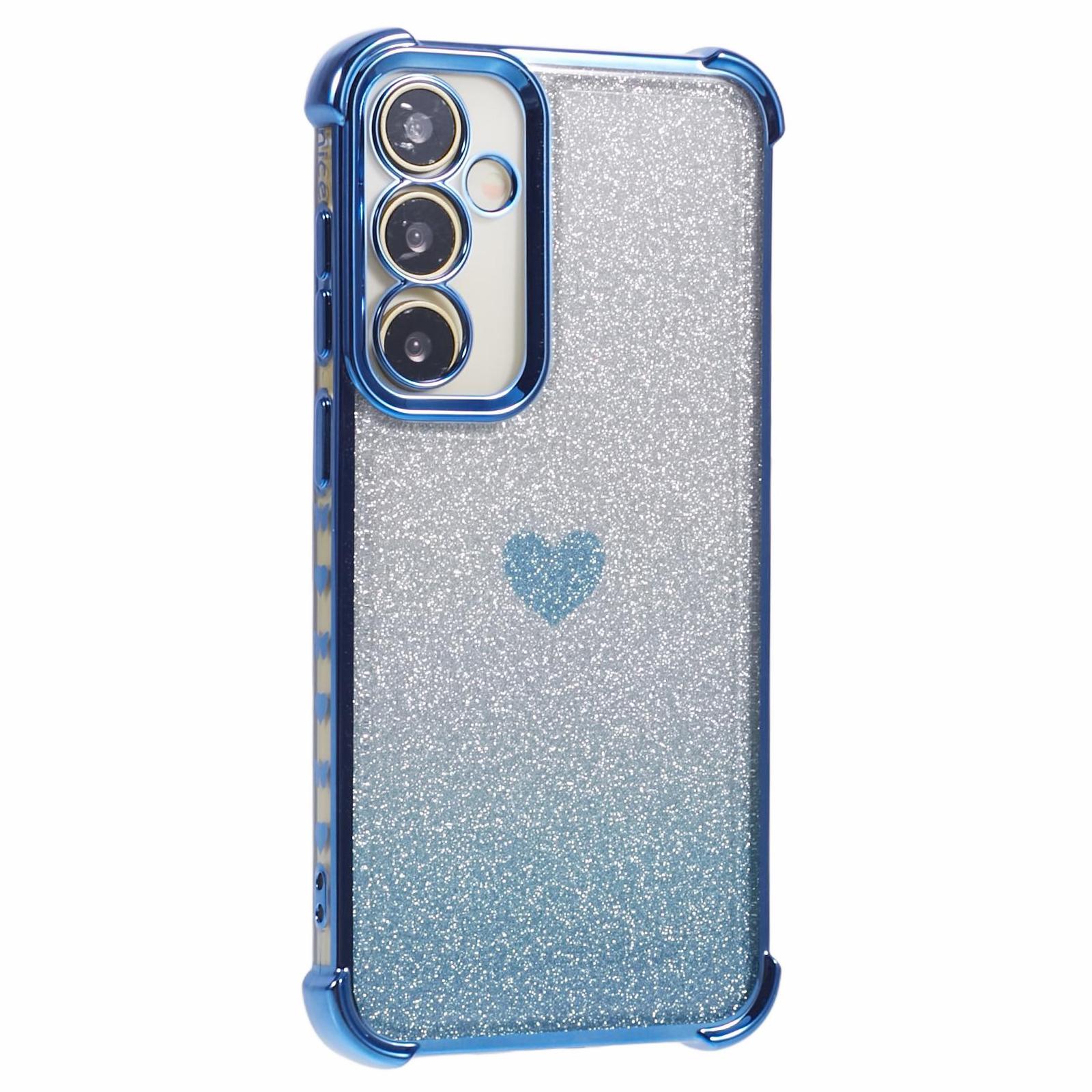 

For Samsung Galaxy S23 FE Case Gradient Glitter Heart Electroplating TPU Phone Cover Blue