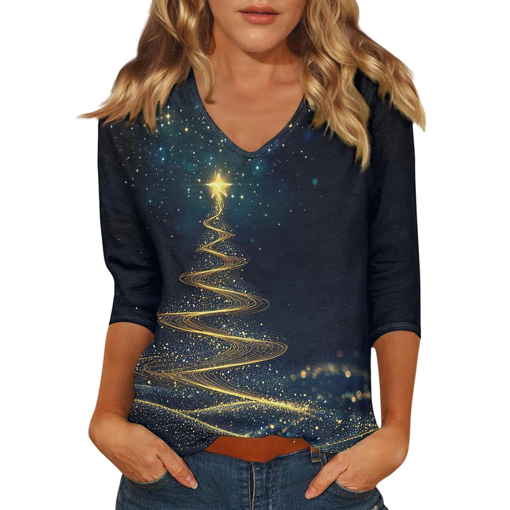 Women's Casual Fashionable Sexy Comfortable V-Neck Christmas Three-Quarter Sleeve Top