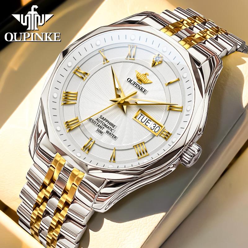 OUPINKE 3207 Automatic Watches for Men Original Import Japan Movement Real Diamond Dual Calendar Business Mechanical Wristwatch