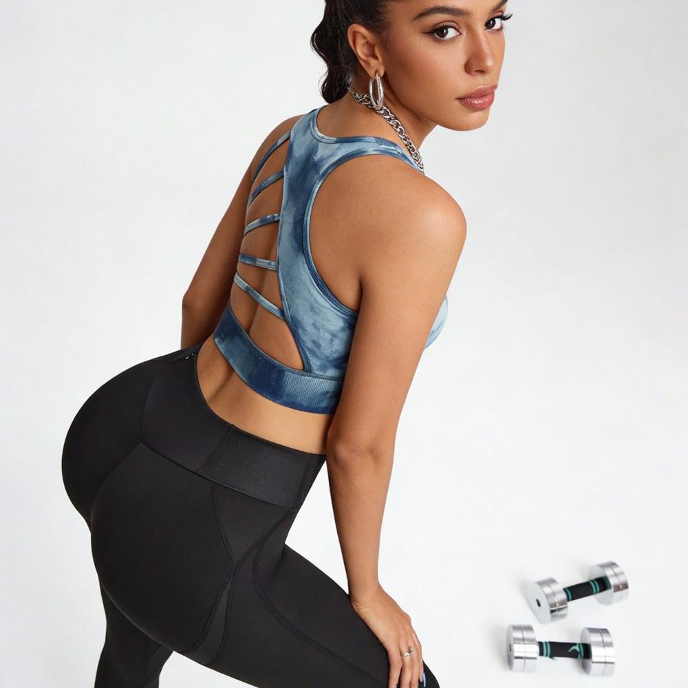Damen Navy Blau Retro Batik-Rückenfreier BH mit Mehrfachträgern, Ausgesparter Stoßfester und Push-Up Yoga BH