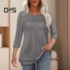 Damen-Oberteile, Rundhalsausschnitt, 3/4-Ärmel, plissierte Bluse, Frühling/Sommer, einfarbig, lockere Passform, lässiges T-Shirt für den Alltag