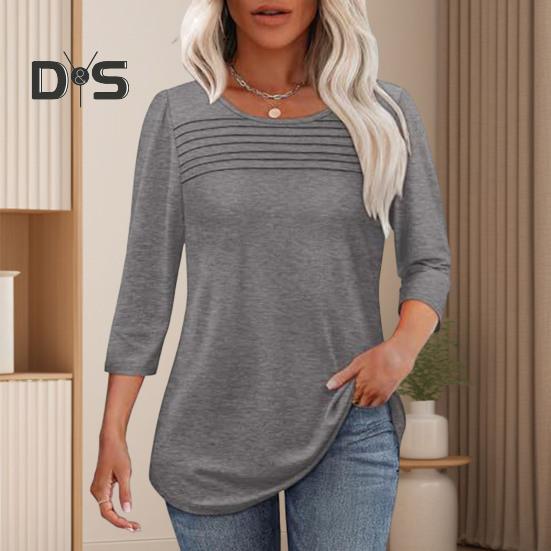 Damen-Oberteile, Rundhalsausschnitt, 3/4-Ärmel, plissierte Bluse, Frühling/Sommer, einfarbig, lockere Passform, lässiges T-Shirt für den Alltag