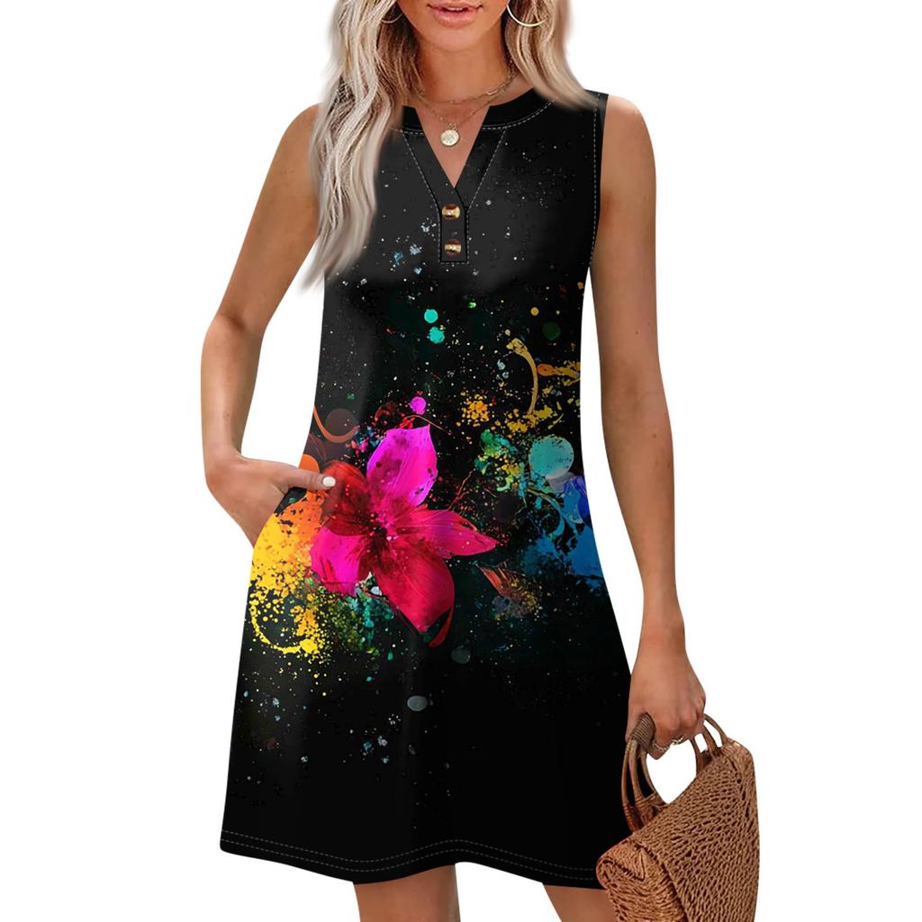 Women's Fashion Casual Printed V-Neck Button With Pocket Vest Sleeveless Dresses