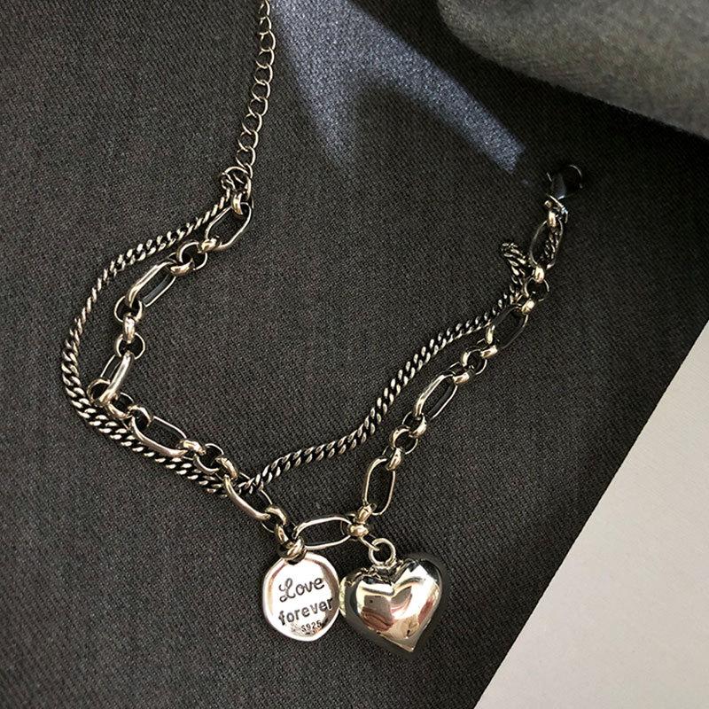 Xiyanike 925 Sterling Silver Love Letter Heart Double Layer Bracelet Female Unique Design Thai Silver Retro Light Luxury Jewelry