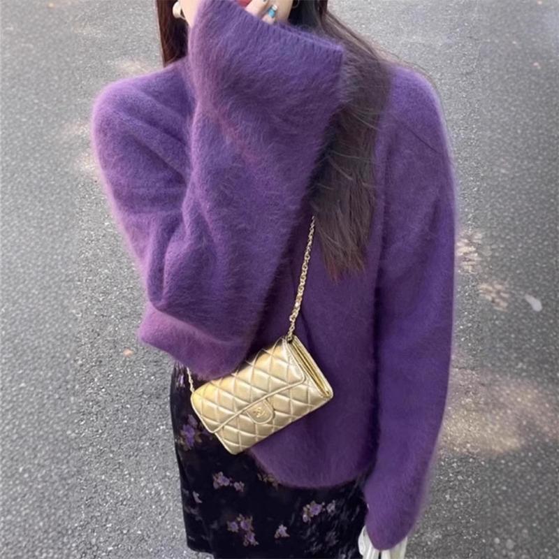 Purple crew neck plush mink plush pullover women's autumn and winter new high-end loose lazy knitted sweater top