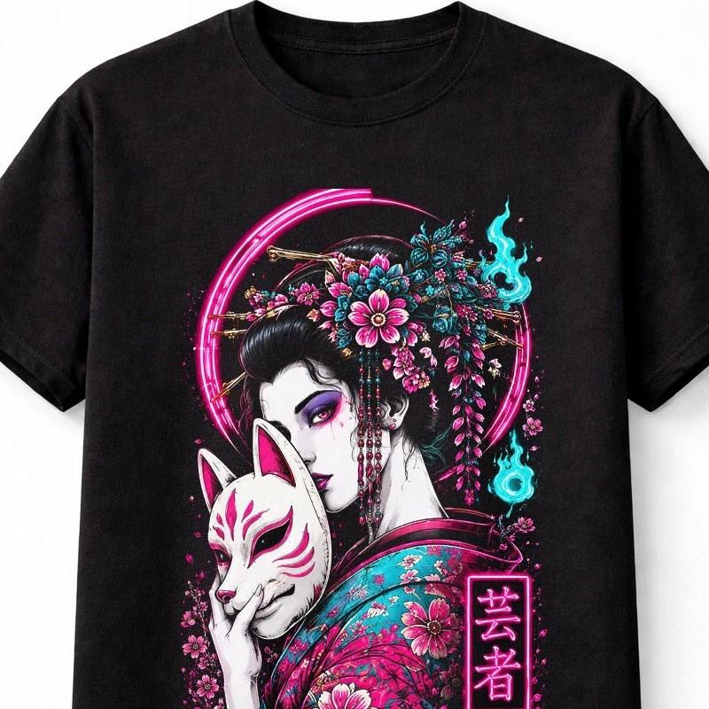 Kitsune Geisha Japanese Fox Mask Sakura Anime Unisex TShirt S