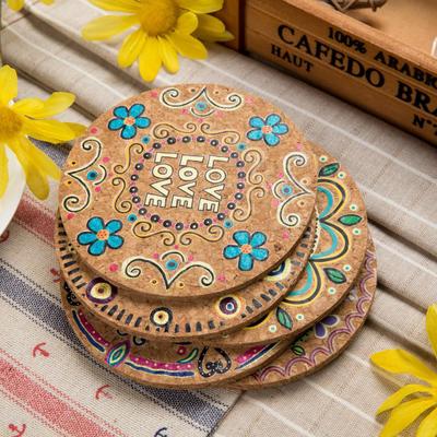 4pcs Natural Cork Round Cup Mat Drink Coasters Heat Insulation Patterned Pot Holder Mats For Coffee Table Tabletop Kitchen Tools