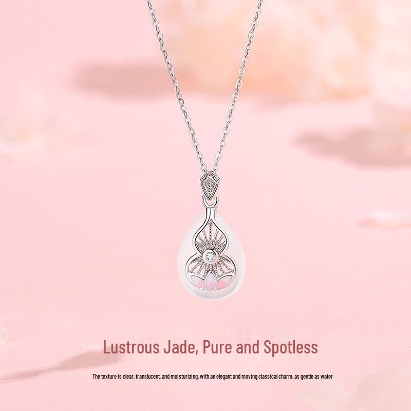 Tichiya S925 Sterling Silver White Agate Gourd Necklace – Lotus Design, New Chinese Style for Women S925 Silver
