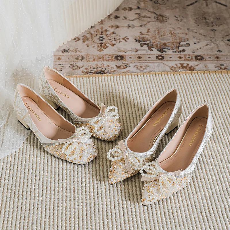 Chaussures Femme Escarpins de Luxe Belle Chaîne de Perles Nœud Chaussures à Talons Hauts Chaussures de Fête pour Fille