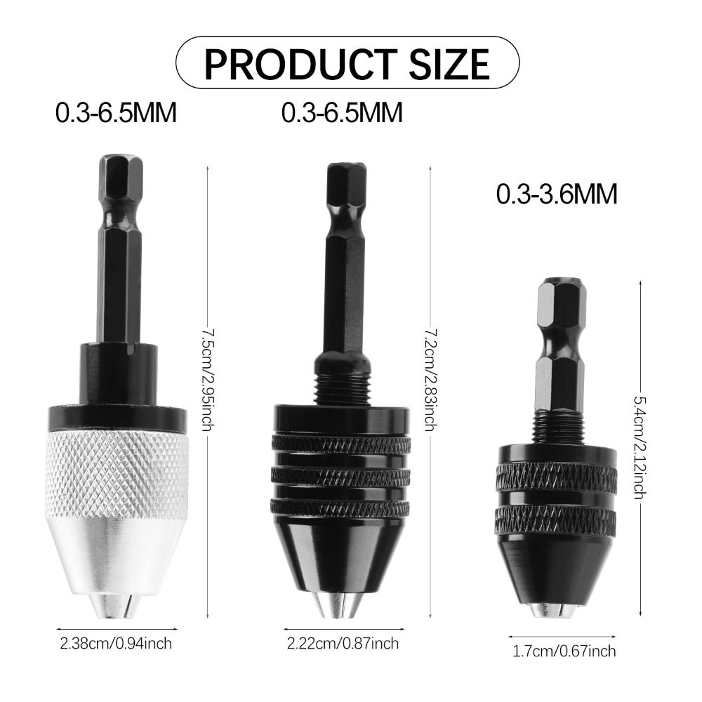 3PCS Tool Adapter Converter Quick Change 0.3-6.5mm 1/4" Hex Shank 0.3-3.6mm Keyless Drill Chuck