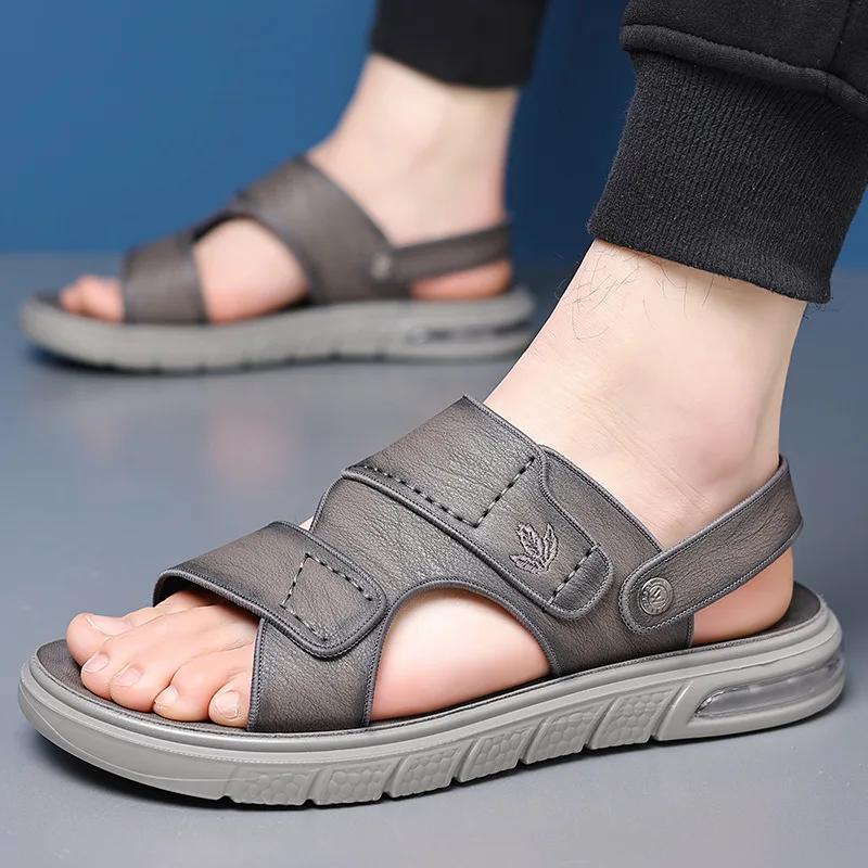 FashionNew Men's Sandals Summer Non-slip Wear-resistant Leather Men's Beach Shoes Fashion Casual Male Slippers