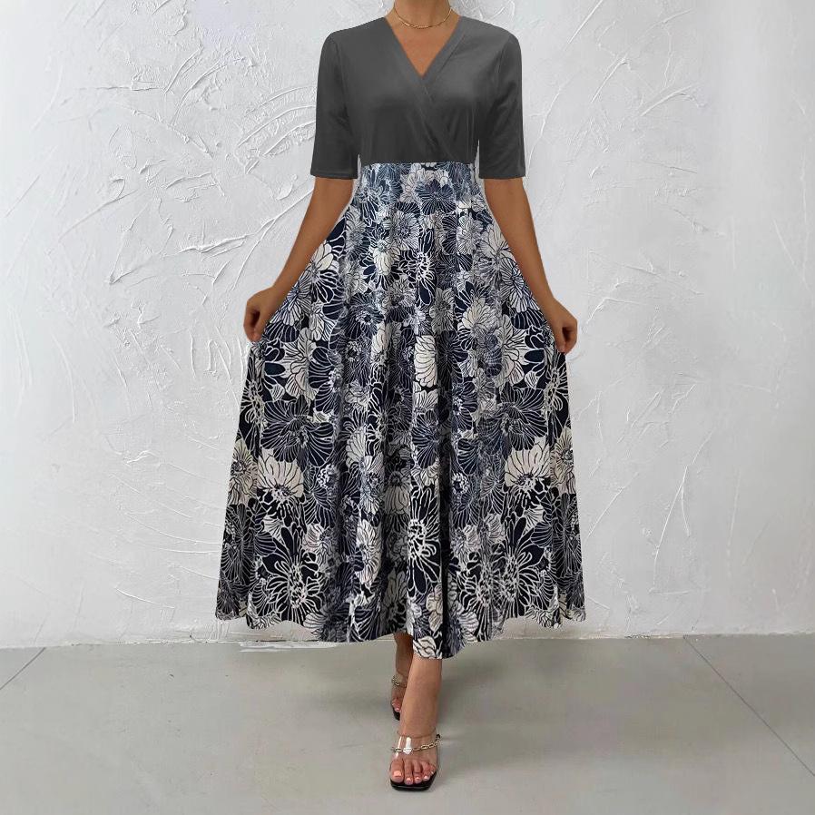 New women's clothing European and American printed medium and long dress splicing temperament commuter v-neck dress