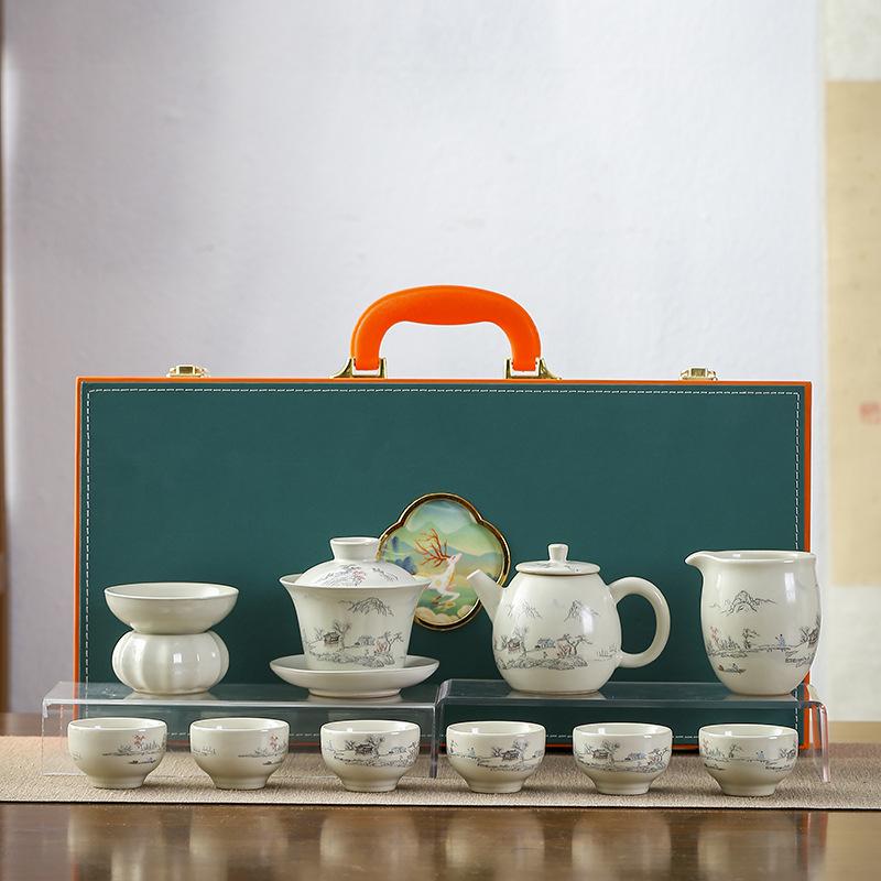 High-end Landscape Ru Kiln Kung Fu Tea Set, a Complete Set of Teapot Cover Bowl Teacup Activities, Holiday Business Gifts