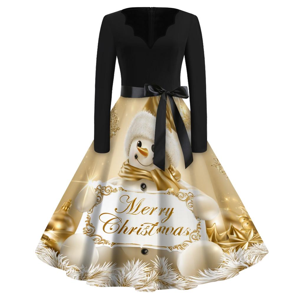 Women's Retro V-Neck Christmas Dress with Snowflake and Christmas Tree Print, Vintage A-Line Dress for Holiday Party