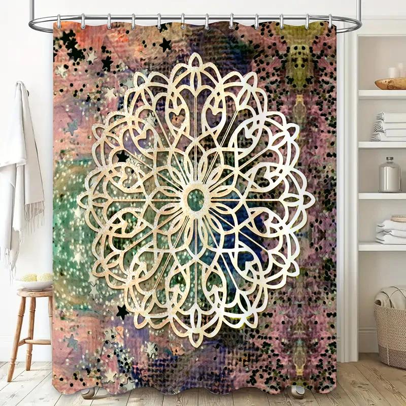 White Flower Mandala Shower Curtain with Glittery Star Design Bathroom Decor for Home Accessories 72 x 84 inches / 183cm x 213cm