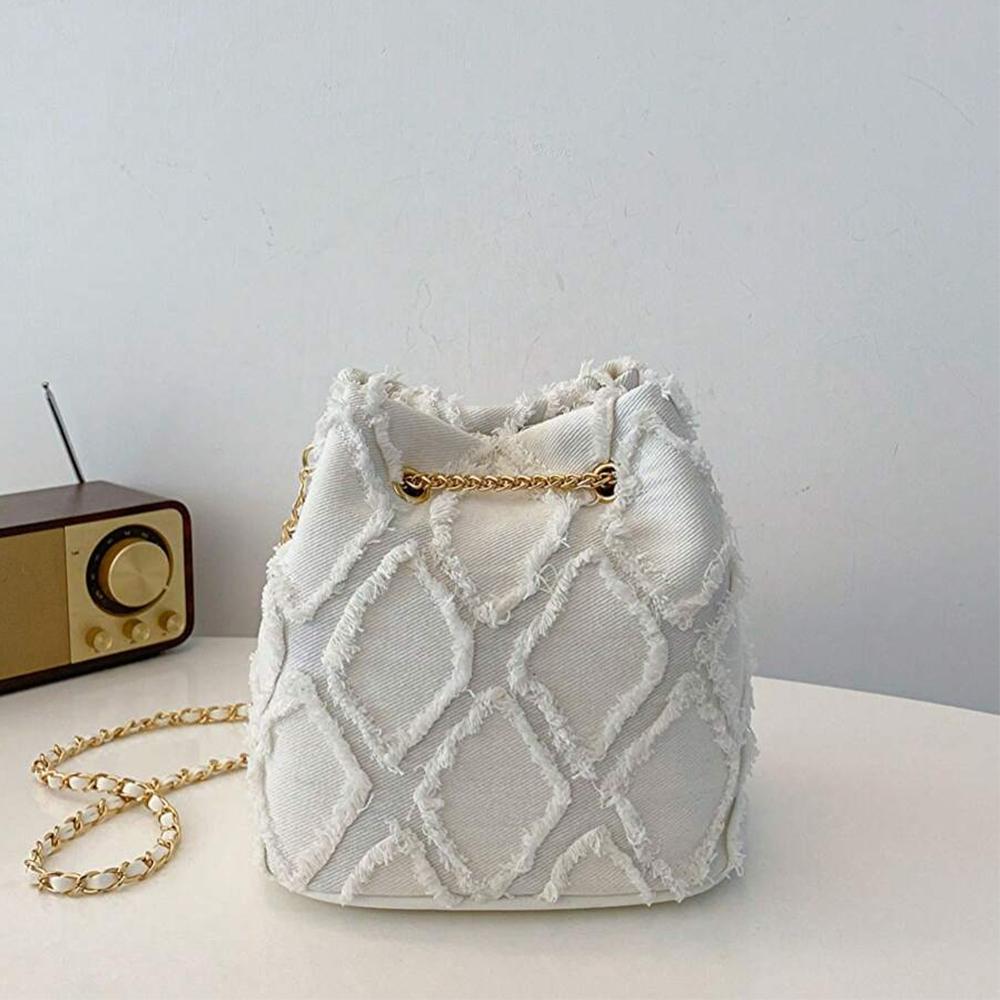 Fashion solid color plaid vintage denim crossbody bag pull rope open and close, suitable for women's daily travel-A-DH